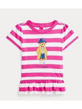 NWT Ralph Lauren Baby Girls Striped Polo Bear Peplum Tee Size 24M Pink $40 [jb]